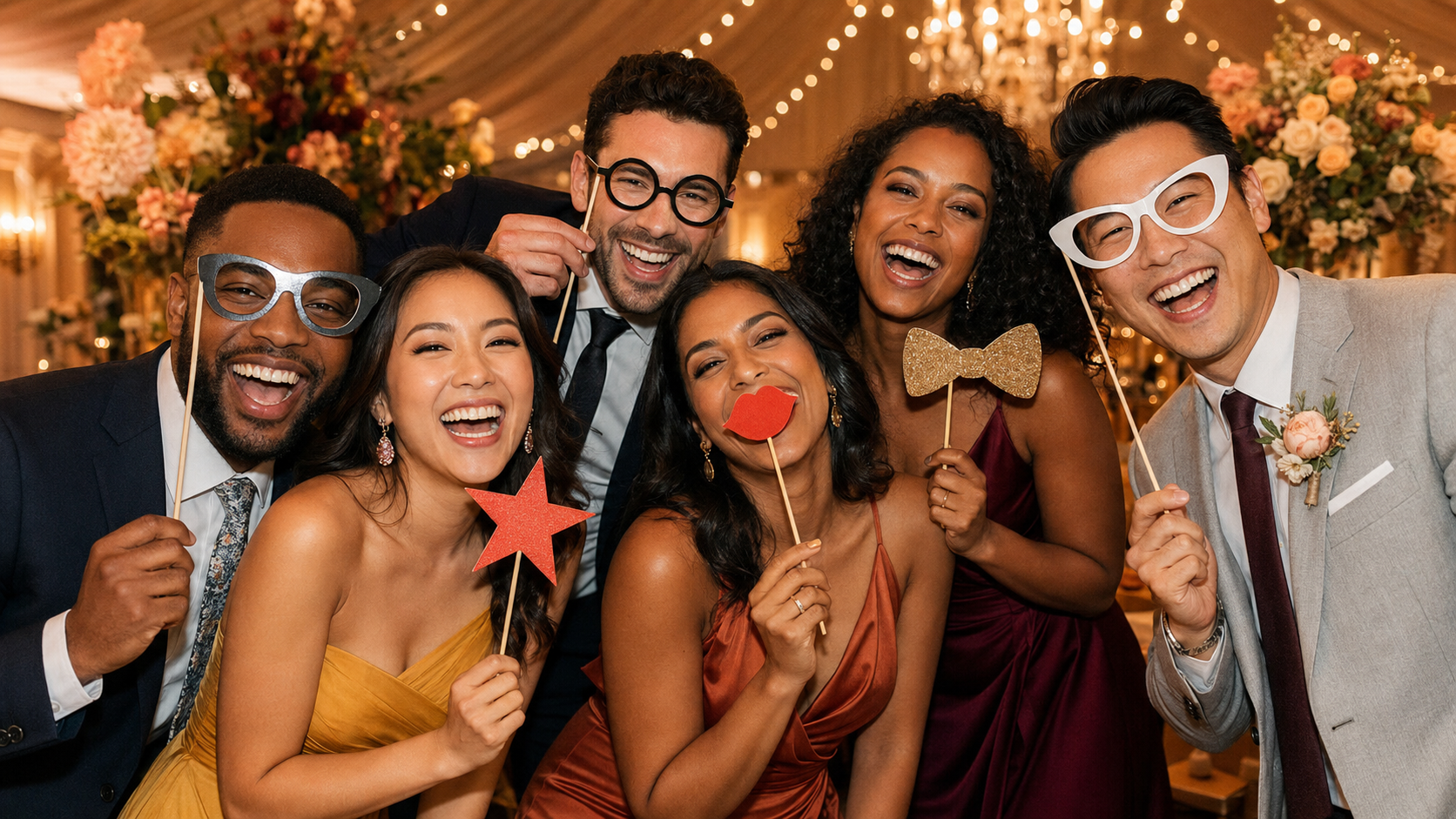 Friends laughing together with festive photo booth props at a celebration